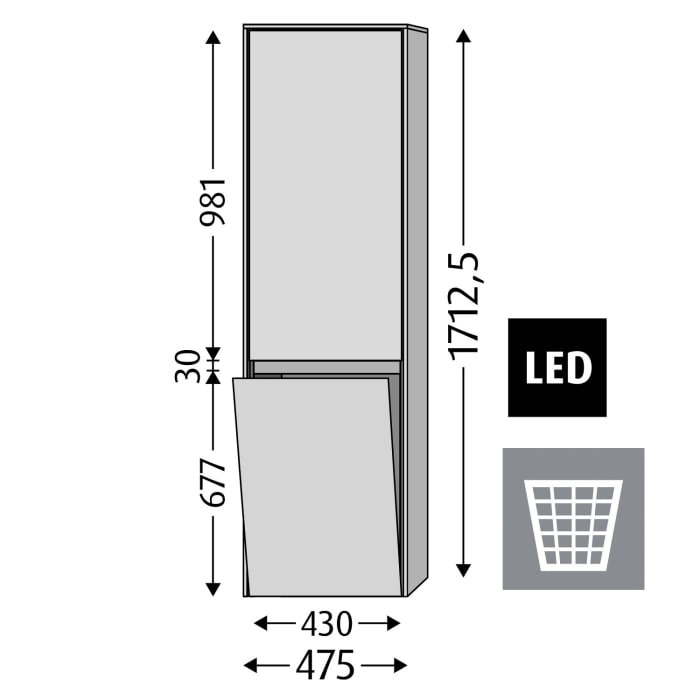 Sanipa Twiga Hochschrank 47,5 cm, 1 Wäschekippe, 1 Türe mit Türanschlag rechts, inkl. LED-Beleuchtung