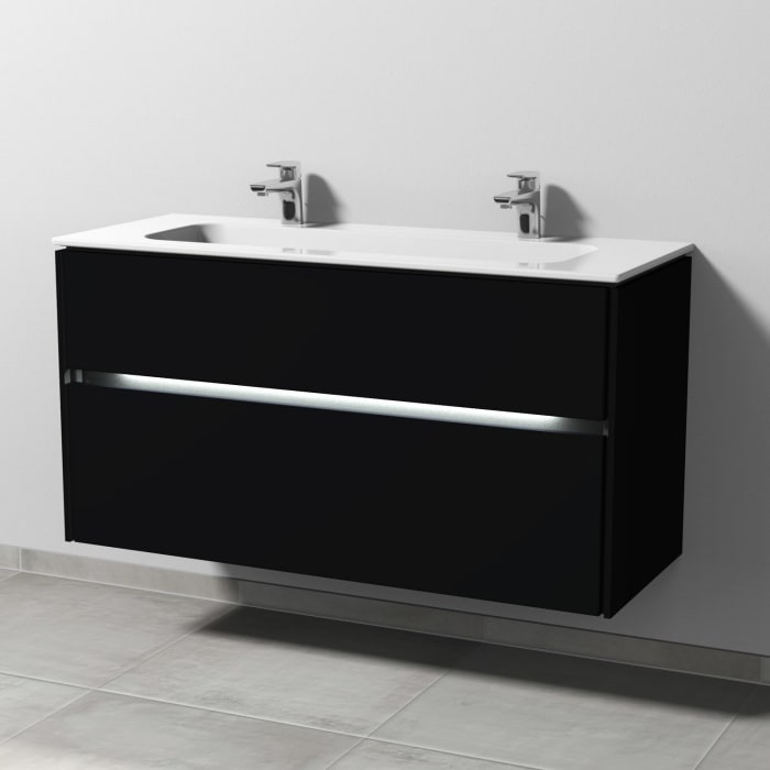Sanipa Twiga Keramik-Doppelwaschtisch Design 120 cm mit Unterschrank, 2 Auszüge, inkl. LED-Beleuchtung