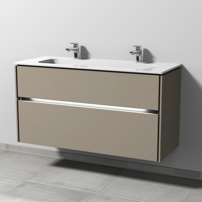 Sanipa Twiga Keramik-Doppelwaschtisch Design 120 cm mit Unterschrank, 2 Auszüge, inkl. LED-Beleuchtung