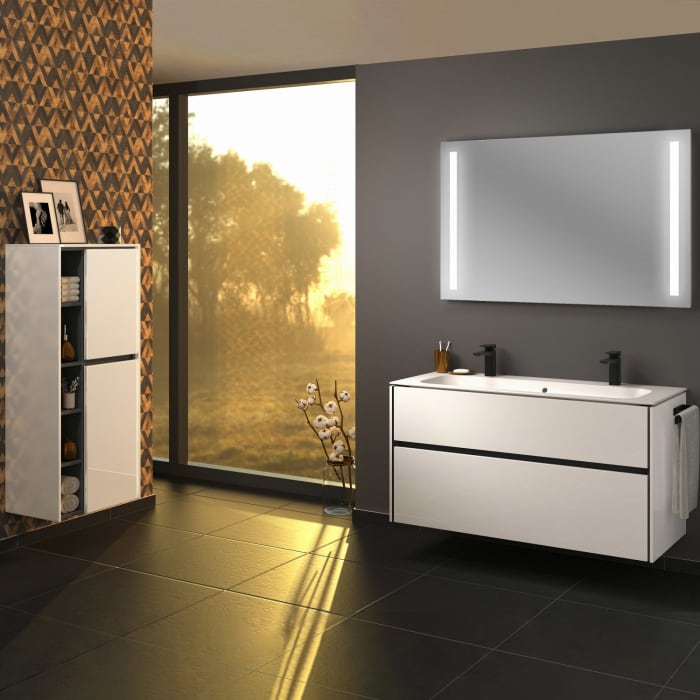 Sanipa Twiga Keramik-Doppelwaschtisch Finion 120 cm mit Unterschrank, 2 Auszüge, inkl. LED-Beleuchtung