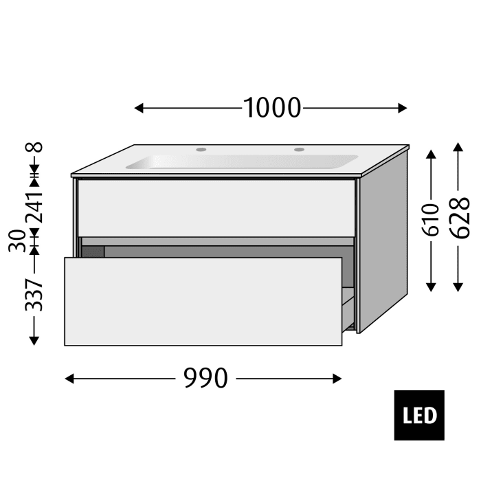 Sanipa Twiga Keramik-Doppelwaschtisch Finion 100 cm mit Unterschrank, 2 Auszüge, inkl. LED-Beleuchtung