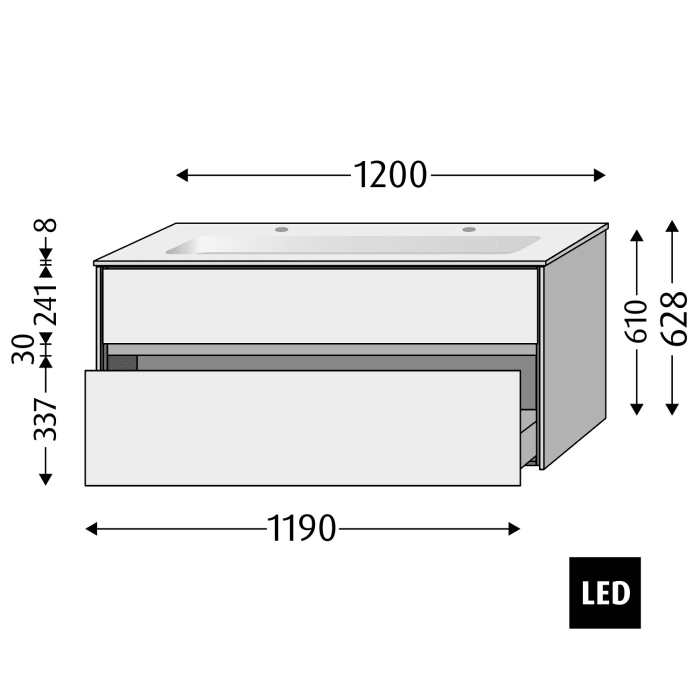 Sanipa Twiga Keramik-Doppelwaschtisch Finion 120 cm mit Unterschrank, 2 Auszüge, inkl. LED-Beleuchtung