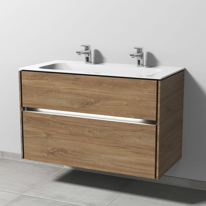 Sanipa Twiga Keramik-Doppelwaschtisch Finion 100 cm mit Unterschrank, 2 Auszüge, inkl. LED-Beleuchtung