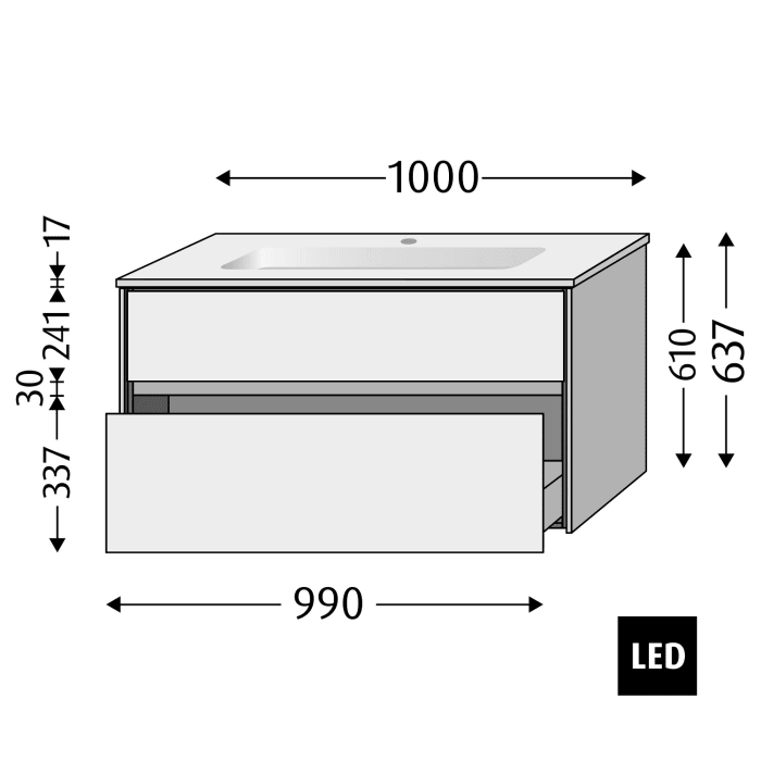 Sanipa Twiga Keramikwaschtisch Design 100 cm mit Unterschrank, 2 Auszügr, inkl. LED-Beleuchtung