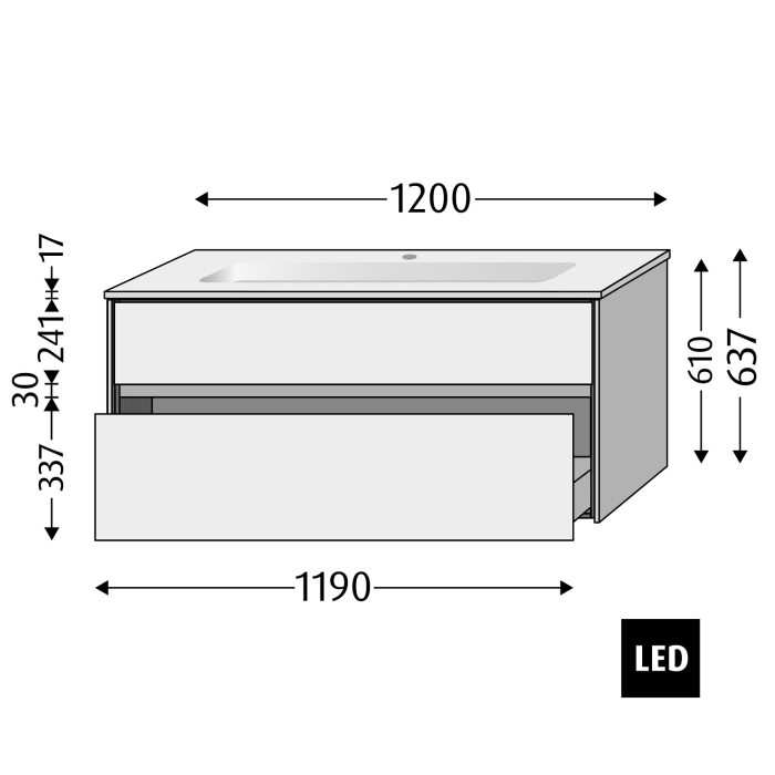 Sanipa Twiga Keramikwaschtisch Design 120 cm mit Unterschrank, 2 Auszüge, inkl. LED-Beleuchtung