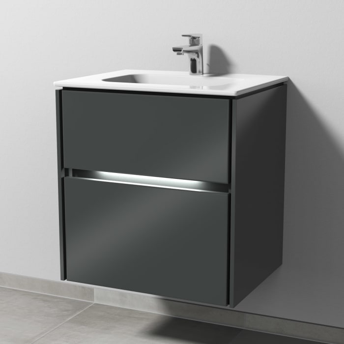 Sanipa Twiga Keramikwaschtisch Design 60 cm mit Unterschrank, 2 Auszüge, inkl. LED-Beleuchtung