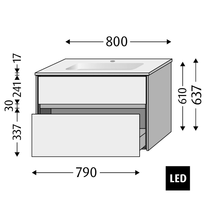 Sanipa Twiga Keramikwaschtisch Design 80 cm mit Unterschrank, 2 Auszüge, inkl. LED-Beleuchtung