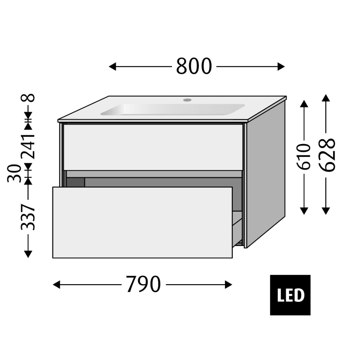 Sanipa Twiga Keramikwaschtisch Finion 80 cm mit Unterschrank, 2 Auszüge, inkl. LED-Beleuchtung