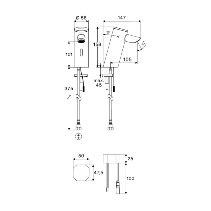 Schell PURIS E² Elektronische Waschtisch-Armatur mit Unterputz-Netzteil, Hochdruck-Kaltwasser