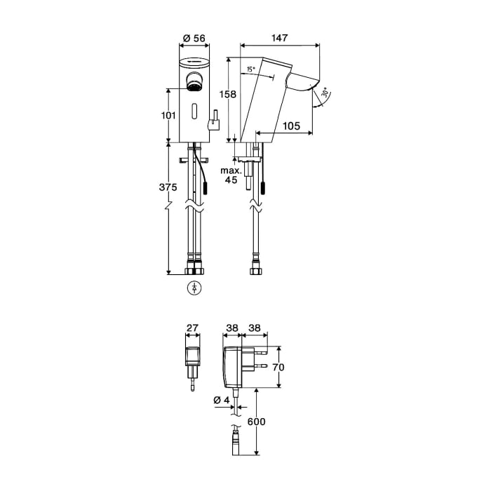 Schell PURIS E² Elektronische Waschtisch-Armatur mit Stecker-Netzteil, Hochdruck-Mischwasser