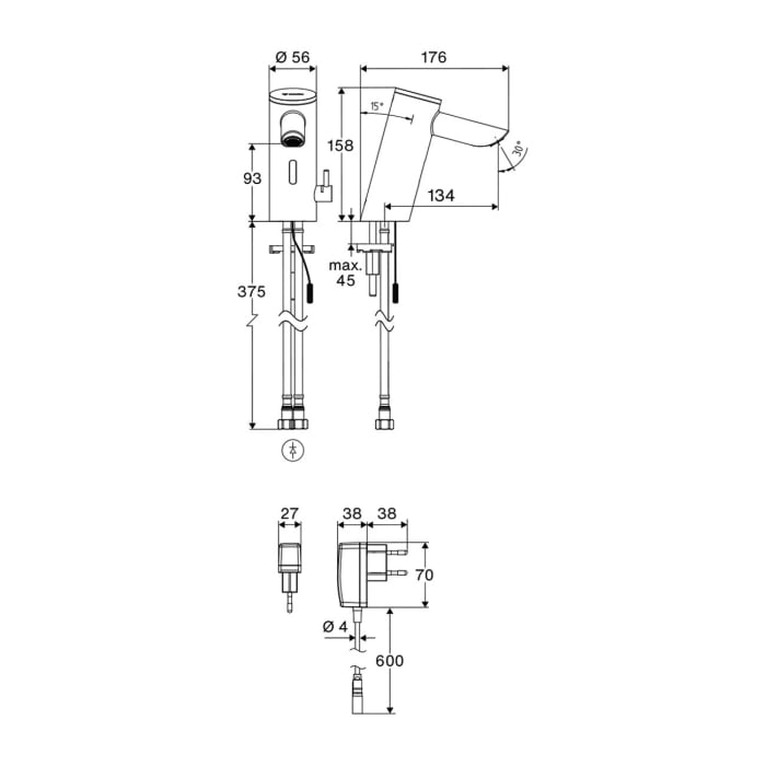 Schell PURIS E² Elektronische Waschtisch-Armatur mit Stecker-Netzteil, Hochdruck-Mischwasser