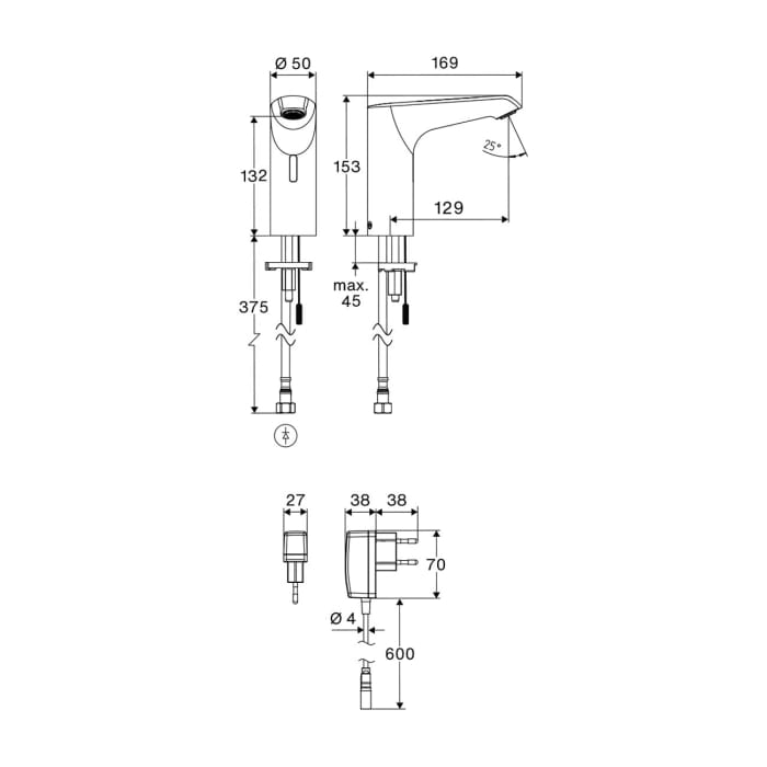 Schell XERIS E² Elektronische Waschtisch-Armatur mit Stecker-Netzteil, Hochdruck-Kaltwasser, M