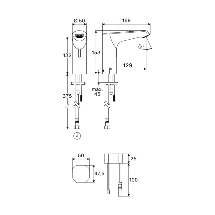 Schell XERIS E² Elektronische Waschtisch-Armatur mit Unterputz-Netzteil, Hochdruck-Kaltwasser, M