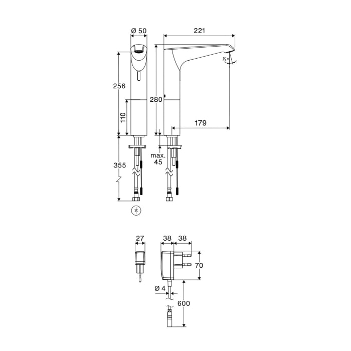 Schell XERIS E² Elektronische Waschtisch-Armatur mit Stecker-Netzteil, Hochdruck-Kaltwasser, L