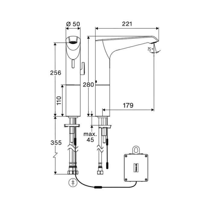 Schell XERIS E² Elektronische Waschtisch-Armatur mit Betteriebetrieb, Hochdruck-Mischwasser, L