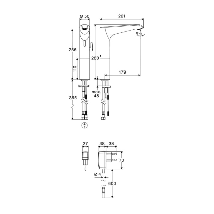 Schell XERIS E² Elektronische Waschtisch-Armatur mit Stecker-Netzteil, Hochdruck-Mischwasser, L