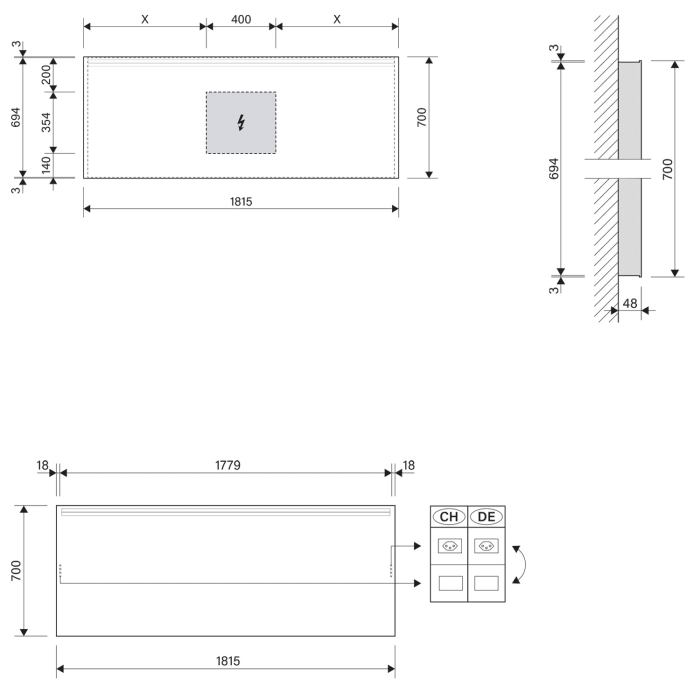 Schneider ARANGA LED Lichtspiegel ARA/SP 180/LED/SD 181,5 x 70 cm LED 4000 K mit Steckdose