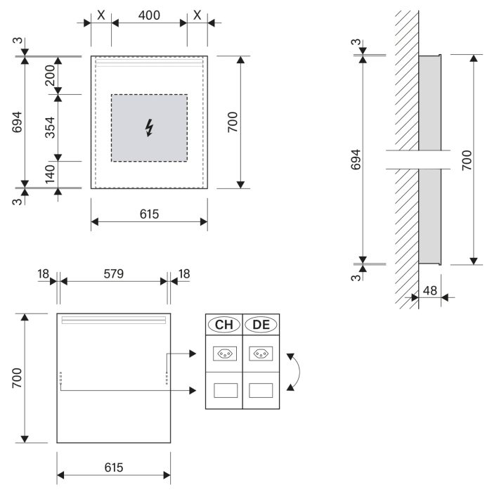Schneider ARANGA LED Lichtspiegel ARA/SP 60/LED/SD 61,5 x 70 cm LED 4000 K mit Steckdose