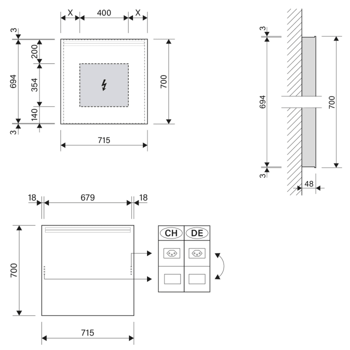 Schneider ARANGA LED Lichtspiegel ARA/SP 70/LED/SD 71,5 x 70 cm LED 4000 K mit Steckdose