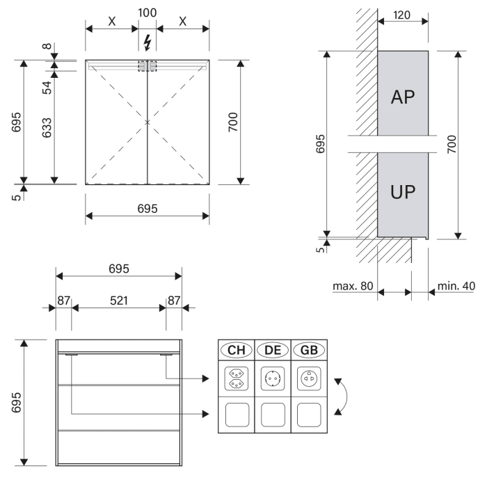 Schneider ARANGA TW LED Spiegelschrank ARA 70/2/TW 69,5 x 70 cm, DE