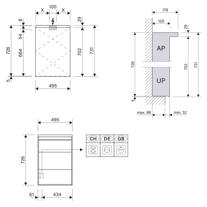 Schneider BORDO TW Spiegelschrank ALU1 50/1/TW/L 49,5 x 73,1 cm, Steckdose links, CH