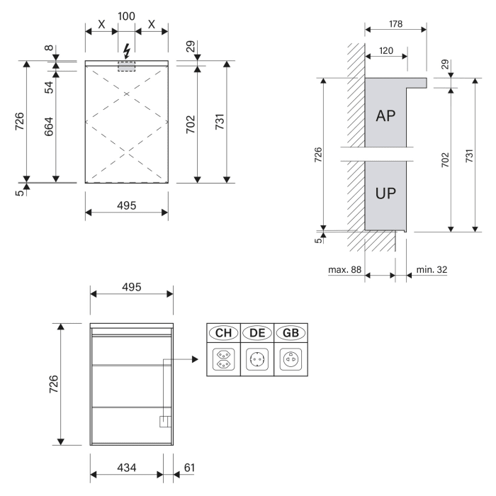 Schneider BORDO TW Spiegelschrank ALU1 50/1/TW/R 49,5 x 73,1 cm, Steckdose rechts, CH