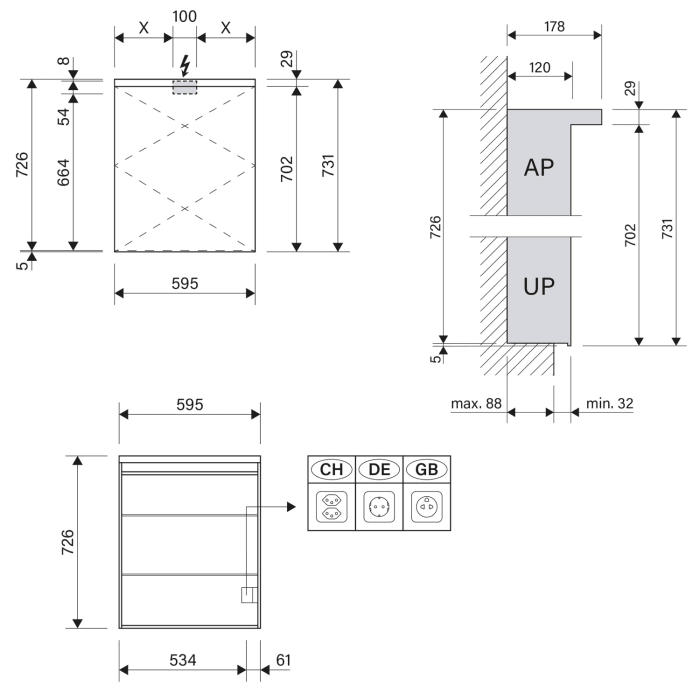 Schneider BORDO TW Spiegelschrank ALU1 60/1/TW/R 59,5 x 73,1 cm, Steckdose rechts, CH