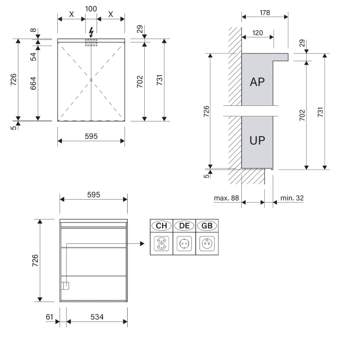 Schneider BORDO TW Spiegelschrank ALU1 60/2/TW/L 59,5 x 73,1 cm, Steckdose links, CH