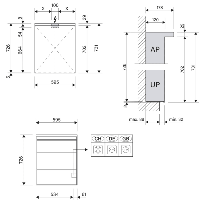 Schneider BORDO TW Spiegelschrank ALU1 60/2/TW/R 59,5 x 73,1 cm, Steckdose rechts, CH
