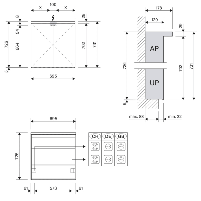 Schneider BORDO TW Spiegelschrank ALU1 70/2/TW 69,5 x 73,1 cm, CH