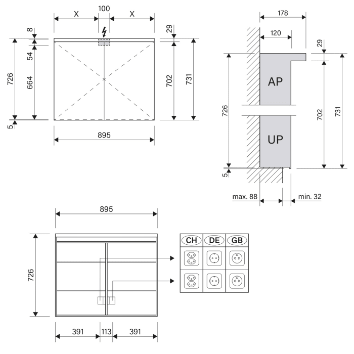 Schneider BORDO TW Spiegelschrank ALU1 90/2/TW 89,5 x 73,1 cm, CH