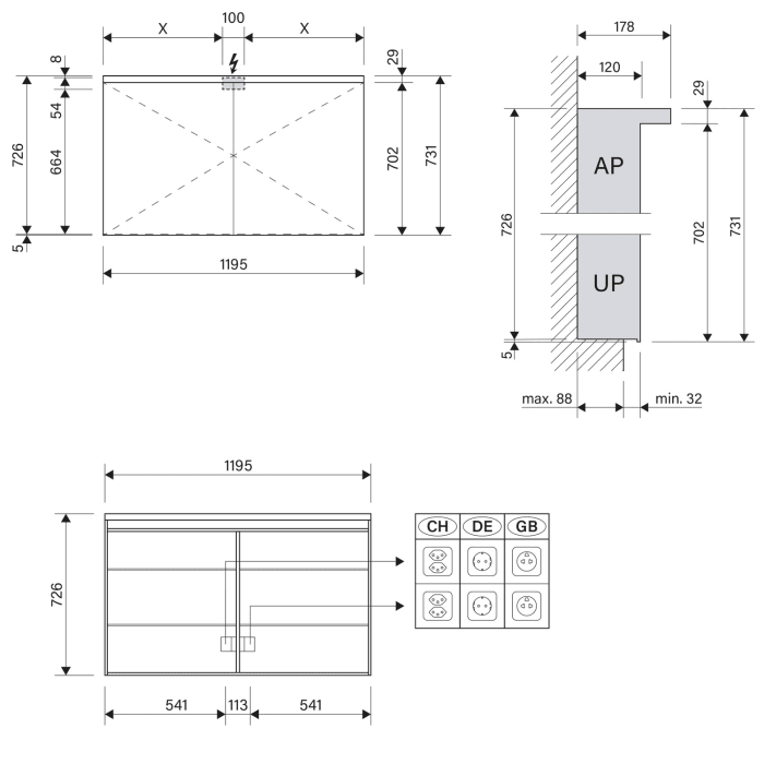 Schneider BORDO TW Spiegelschrank ALU1 120/2/TW 119,5 x 73,1 cm, CH