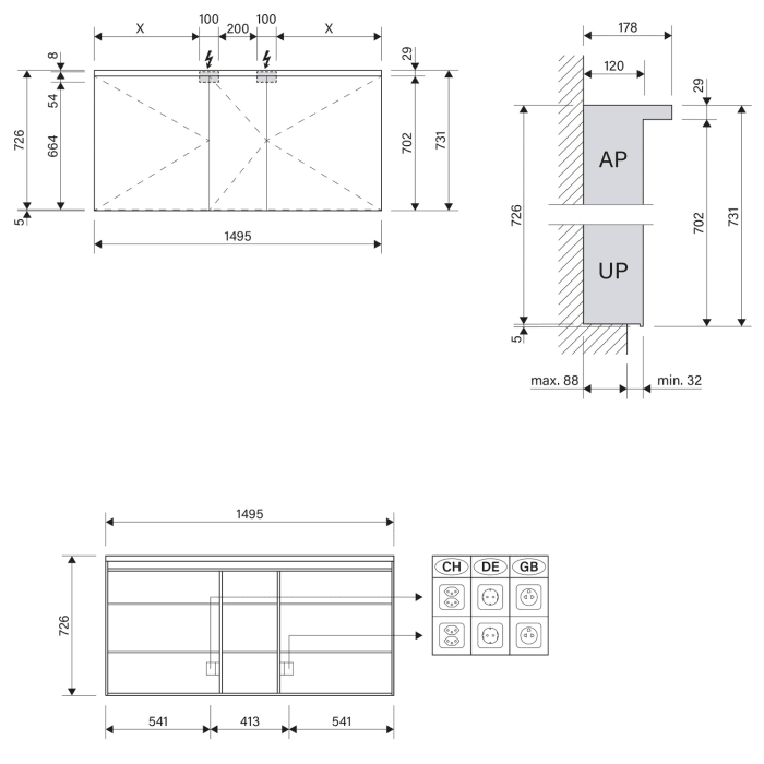 Schneider BORDO TW Spiegelschrank ALU1 150/3/TW 149,5 x 73,1 cm, DE