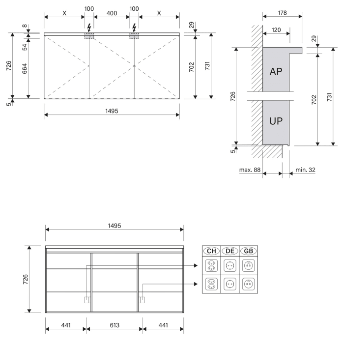 Schneider BORDO TW Spiegelschrank ALU1 150/3/GT/TW 149,5 x 73,1 cm, DE