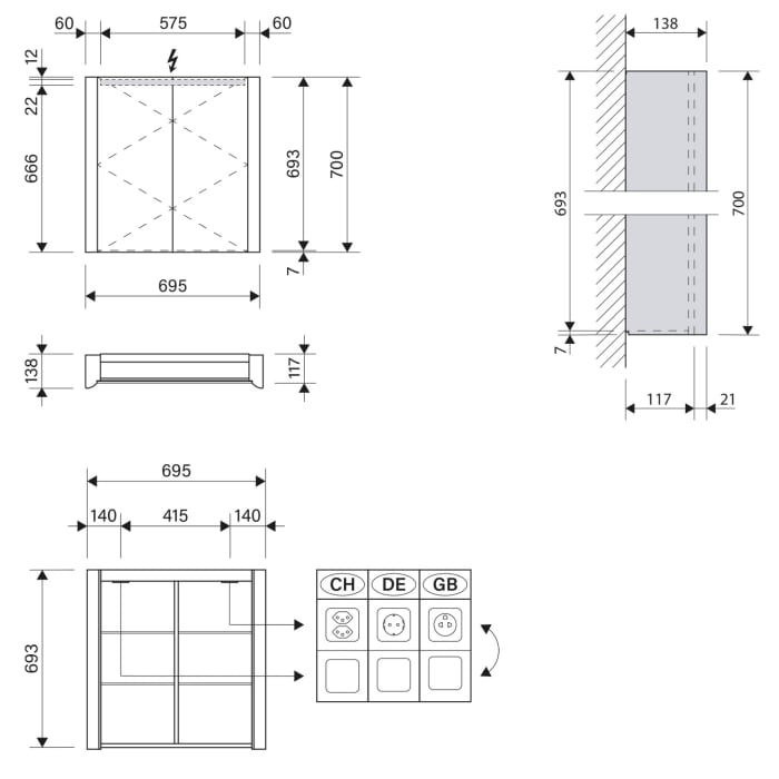 Schneider EASY LED Spiegelschrank ELS1 70/2/LED 69,5 x 70 cm, 3000 K, CH