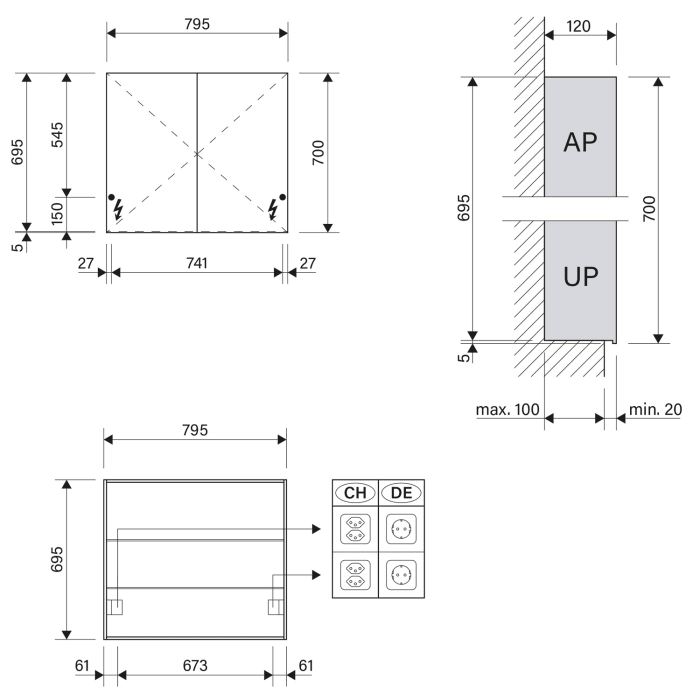 Schneider EASY Spiegelschrank ELC1 80/2/0/SD 79,5 x 70 cm, 2 Steckdosen, DE