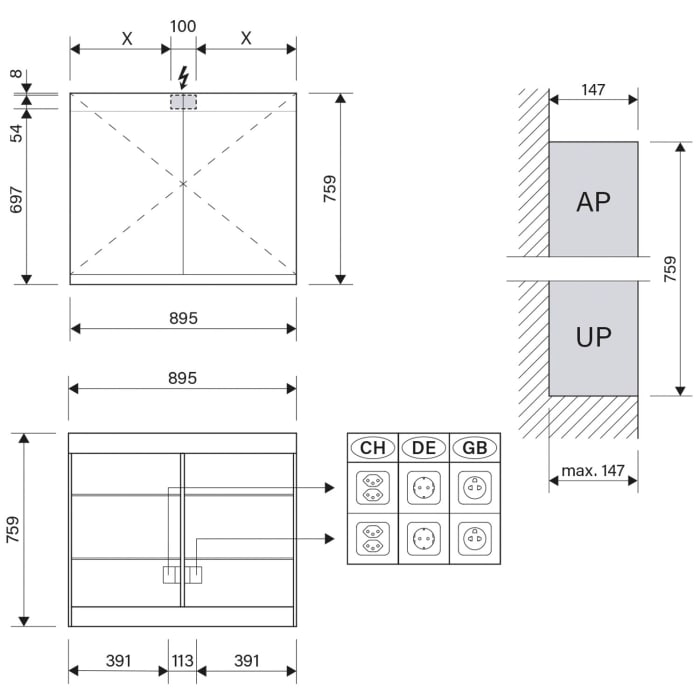 Schneider FILO HCL Spiegelschrank ALS1 90/2/HCL 89,5 x 75,9 cm, CH