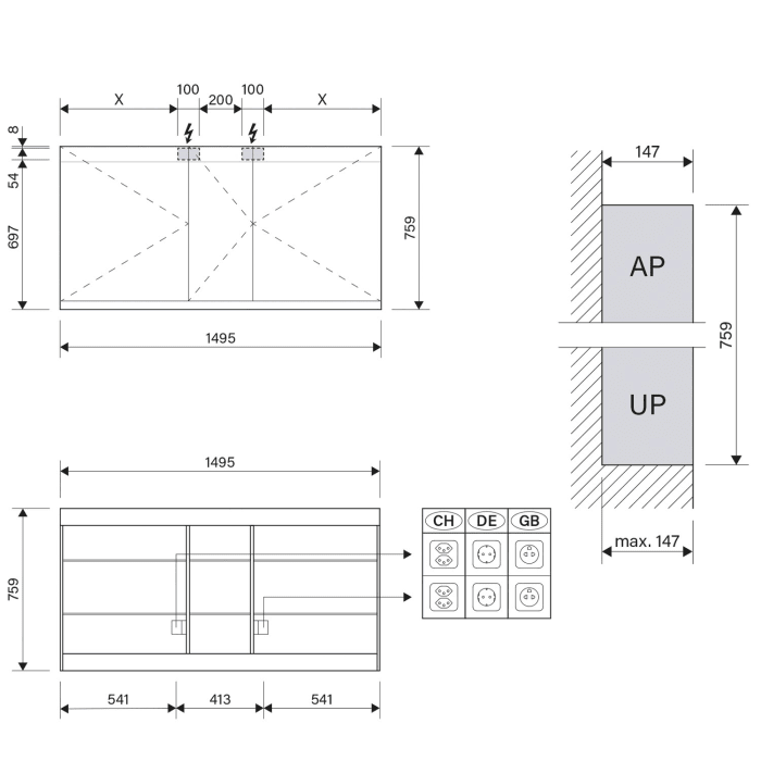 Schneider FILO HCL Spiegelschrank ALS1 150/3/HCL 149,5 x 75,9 cm, DE