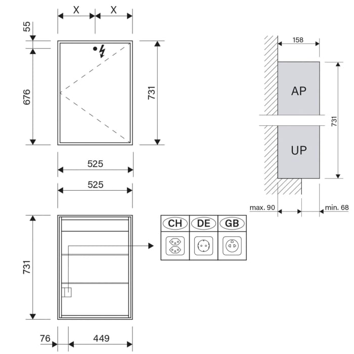 Schneider GLOW classic HCL Spiegelschrank PLU1 50/1/HCL/L 52,5 x 73,1 cm mit 1 Steckdose links, CH