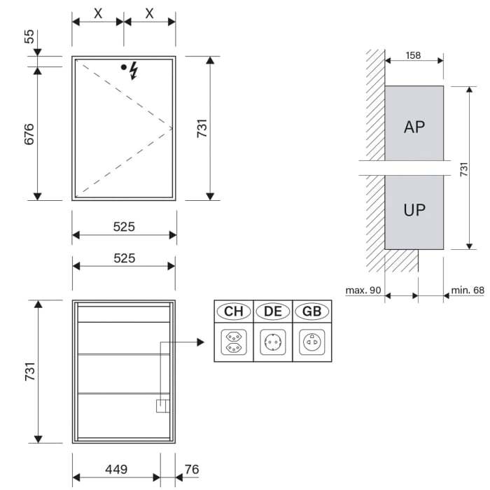 Schneider GLOW classic HCL Spiegelschrank PLU1 50/1/HCL/R 52,5 x 73,1 cm mit 1 Steckdose rechts, DE