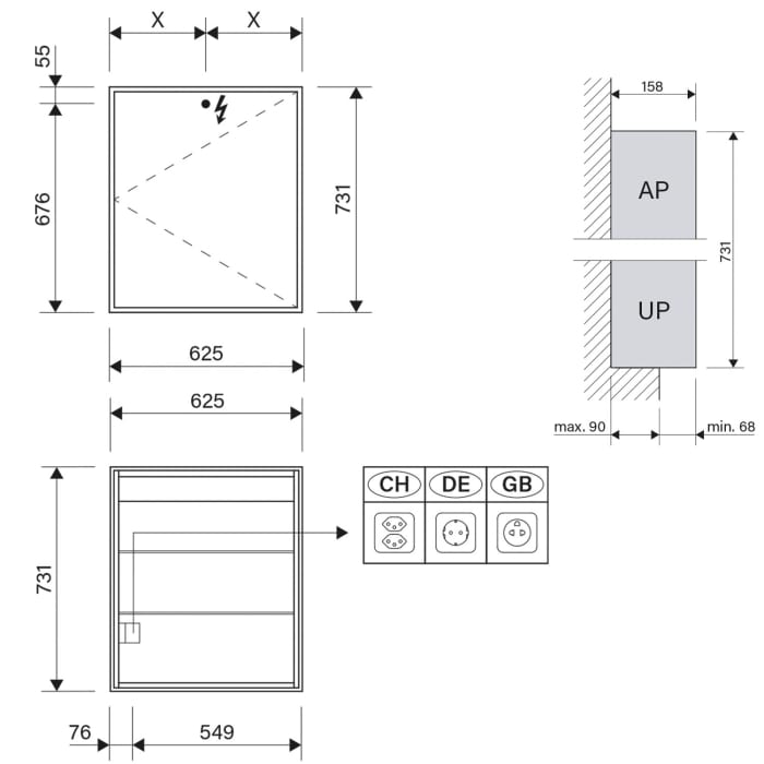 Schneider GLOW classic HCL Spiegelschrank PLU1 60/1/HCL/L 62,5 x 73,1 cm mit 1 Steckdose links, CH