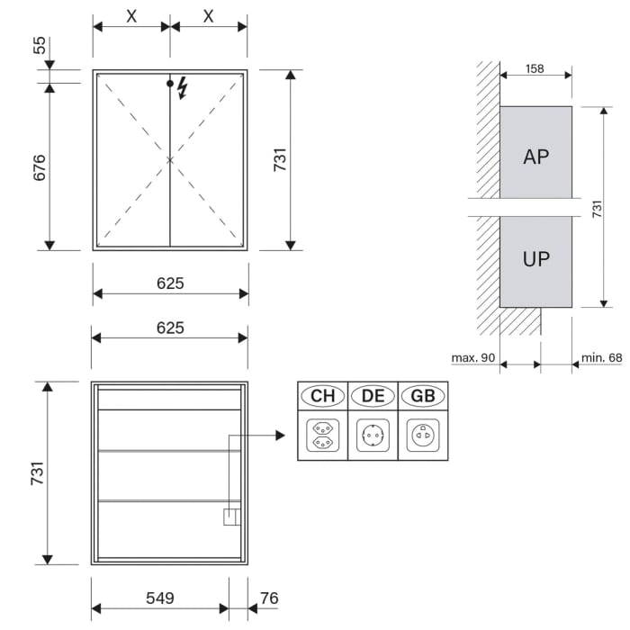 Schneider GLOW classic HCL Spiegelschrank PLU1 60/2/HCL/R 62,5 x 73,1 cm mit 1 Steckdose rechts, DE