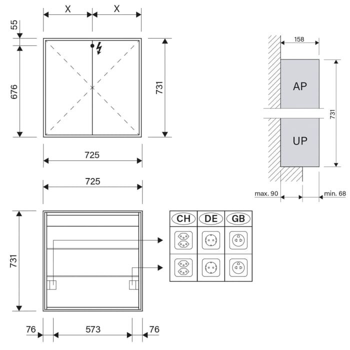 Schneider GLOW classic HCL Spiegelschrank PLU1 70/2/HCL 72,5 x 73,1 cm mit 2 Steckdosen, DE
