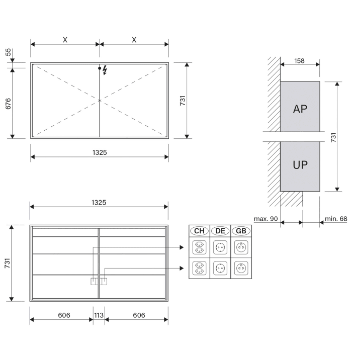 Schneider GLOW classic HCL Spiegelschrank PLU1 130/2/HCL 132,5 x 73,1 cm mit 2 Steckdosen, CH