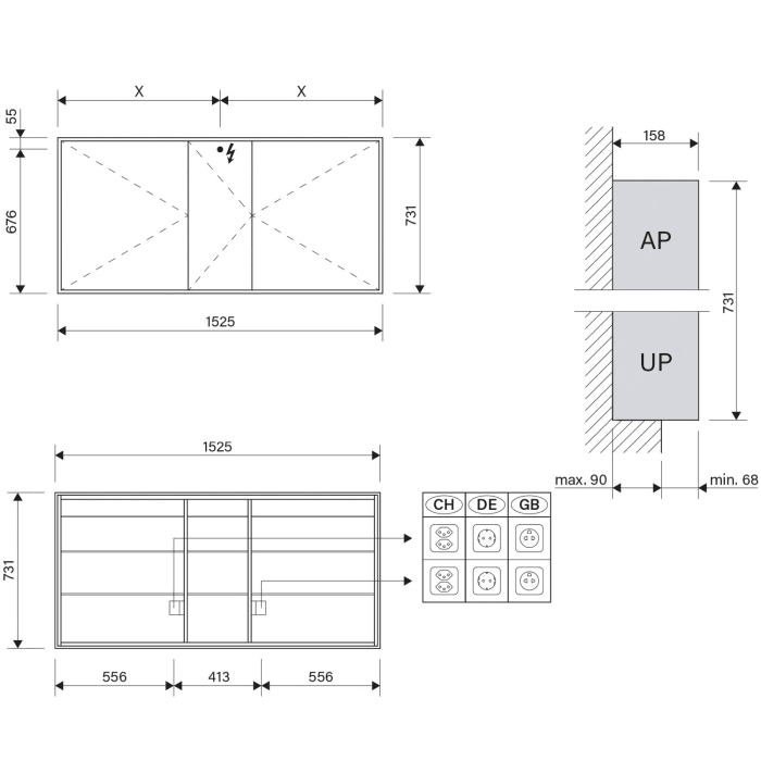 Schneider GLOW classic HCL Spiegelschrank PLU1 150/3/HCL 152,5 x 73,1 cm mit 2 Steckdosen, CH
