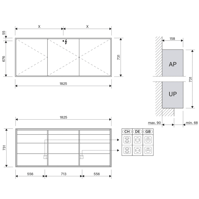 Schneider GLOW classic HCL Spiegelschrank PLU1 180/3/GT/HCL 182,5 x 73,1 cm mit 2 Steckdosen, CH