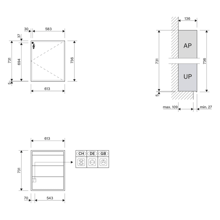 Schneider GLOW D2W Spiegelschrank GLO1 60/1/D2W/L 61,3 x 73,6 cm, Anschlag rechts, 1-türig, CH
