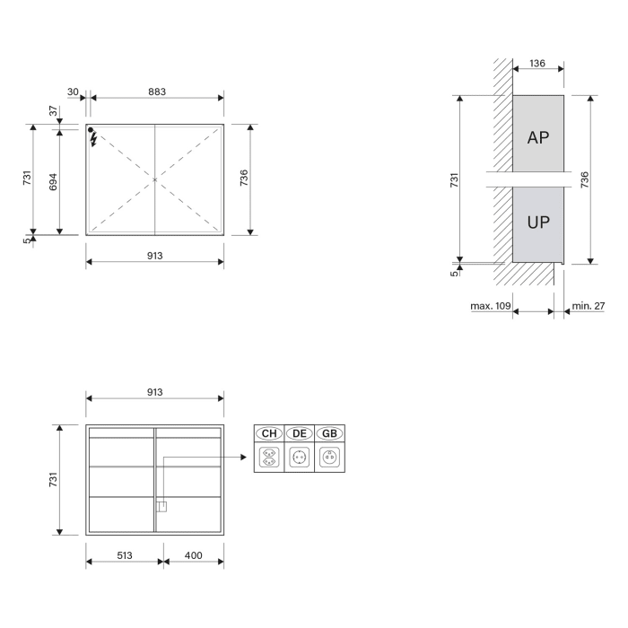 Schneider GLOW D2W Spiegelschrank GLO1 90/2/D2W 91,3 x 73,6 cm, DE