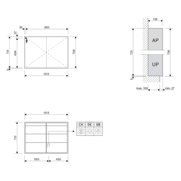 Schneider GLOW D2W Spiegelschrank GLO1 100/2/D2W 101,3 x 73,6 cm, CH