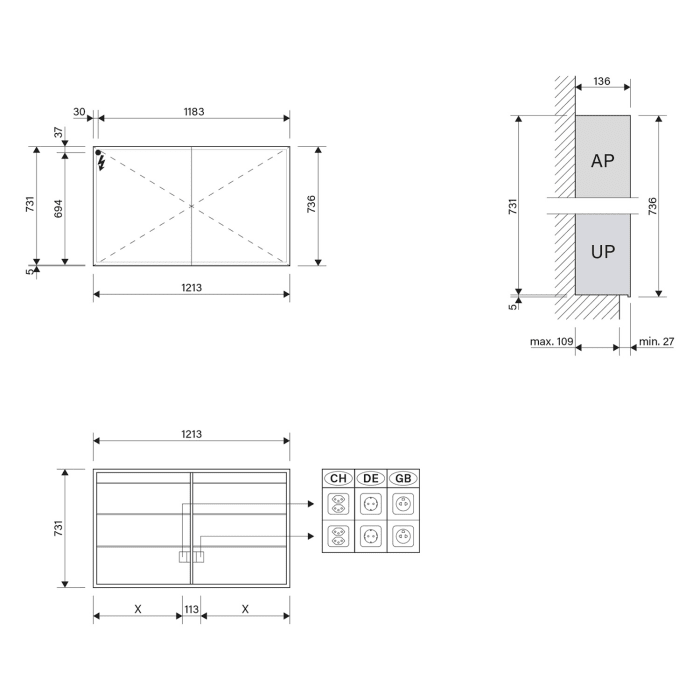 Schneider GLOW D2W Spiegelschrank GLO1 120/2/D2W 121,3 x 73,6 cm, 2-türig, DE